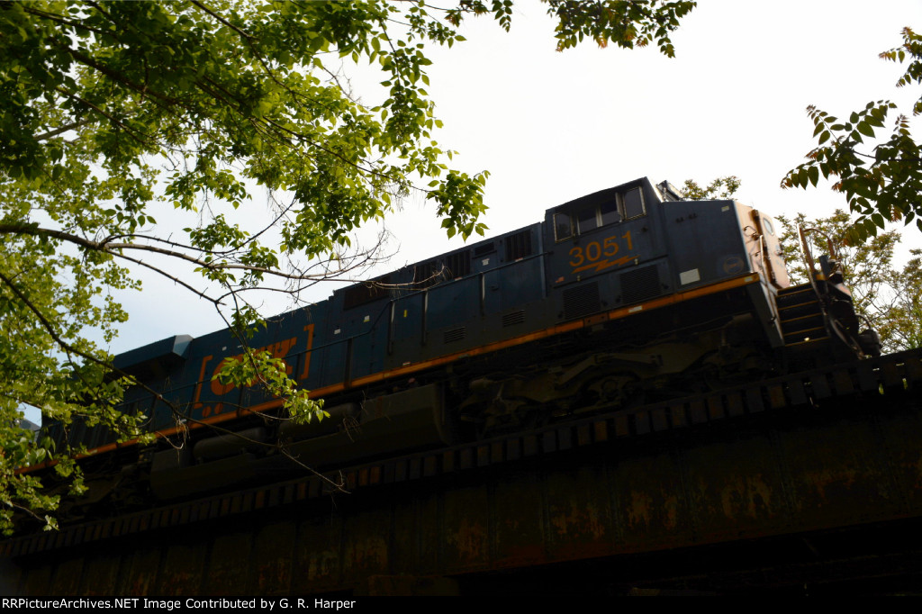 CSX 3051 led a grain/ethanol eastbound seen here from below as it crossed Blackwater Creek in downtown Lynchburg